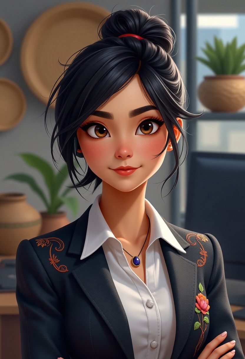 Confident Young Woman in Embroidered Blazer