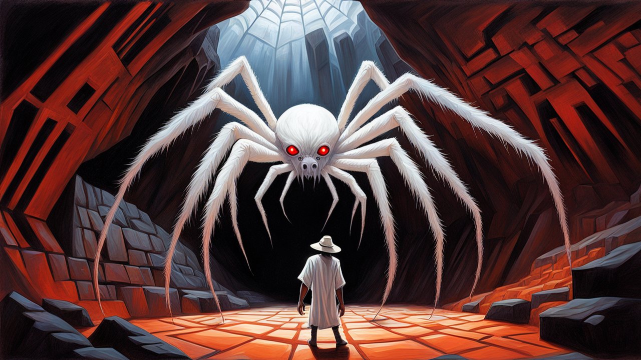 Confrontation with a Giant White Spider in a Mysterious Cave
