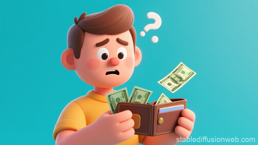 Confused Character Holding Wallet with Flying Money
