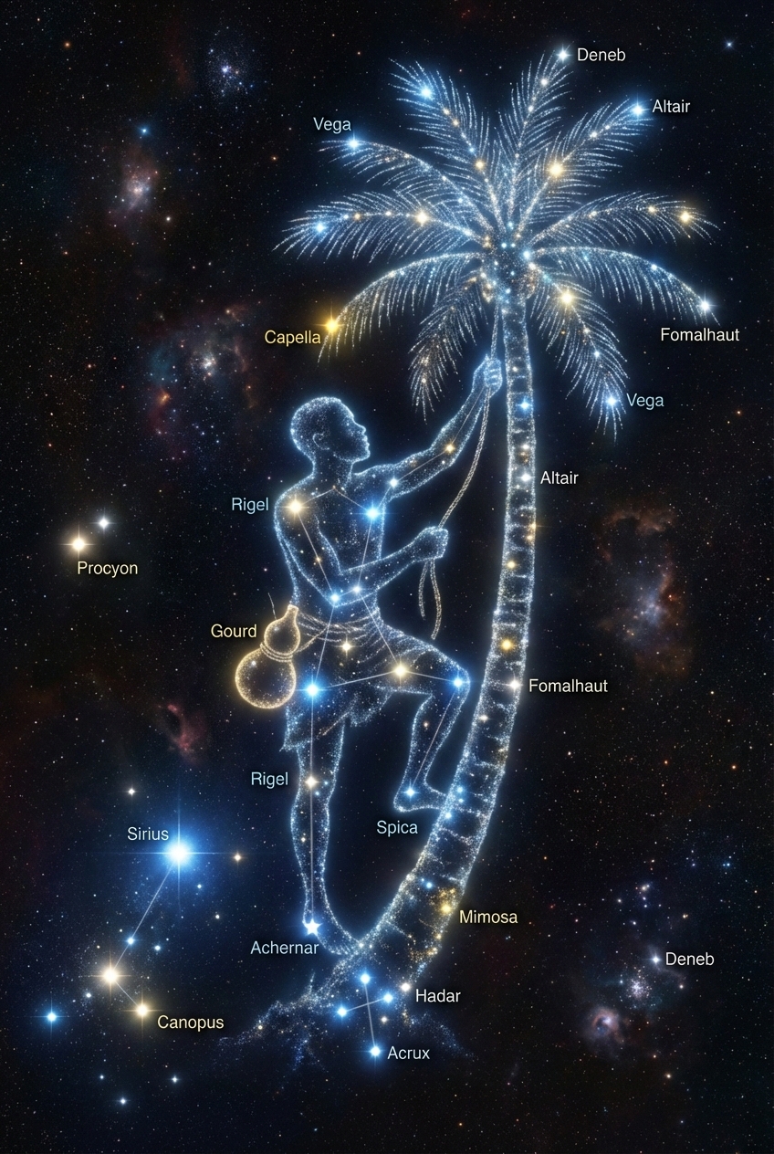 Constellation Figure Climbing a Palm Tree in Starry Night Sky