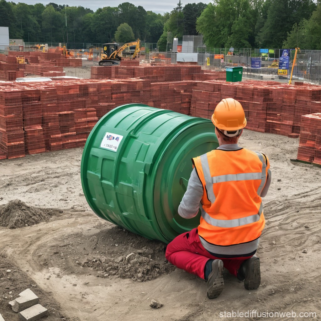 Construction Worker Inspecting Large Green Pipe on Site