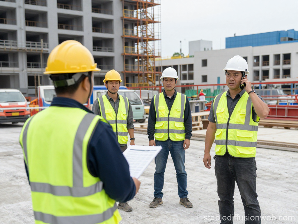 Construction Workers in Safety Gear at Building Site