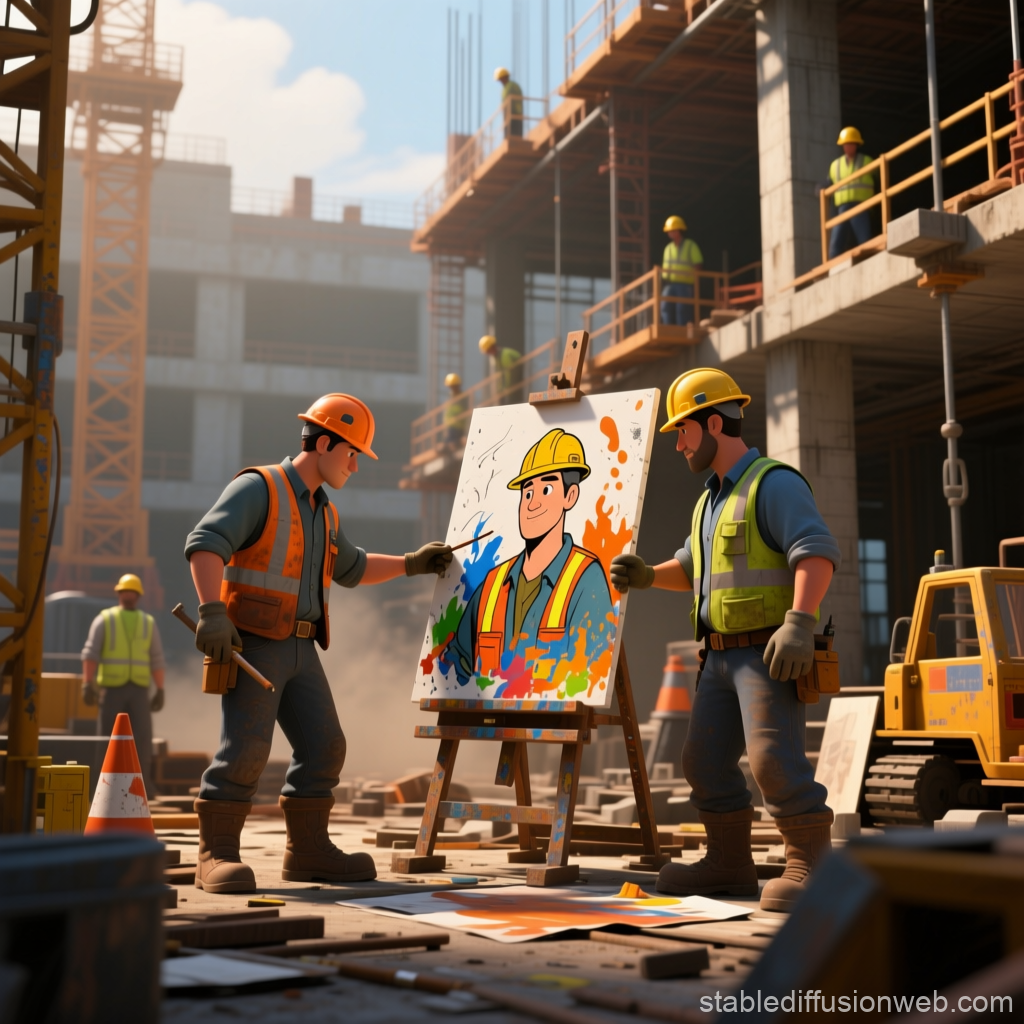 Construction Workers Painting a Portrait on Site