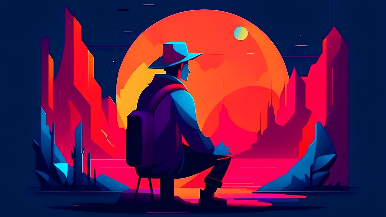 Contemplative Adventurer in Vibrant Futuristic Landscape