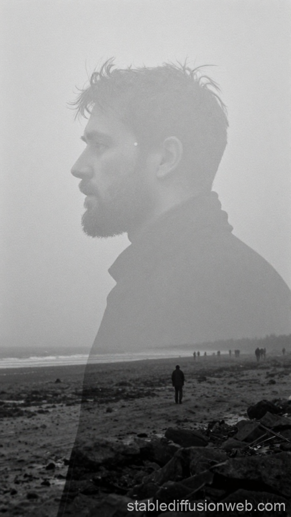 Contemplative Bearded Man Overlaid on Misty Beach Scene