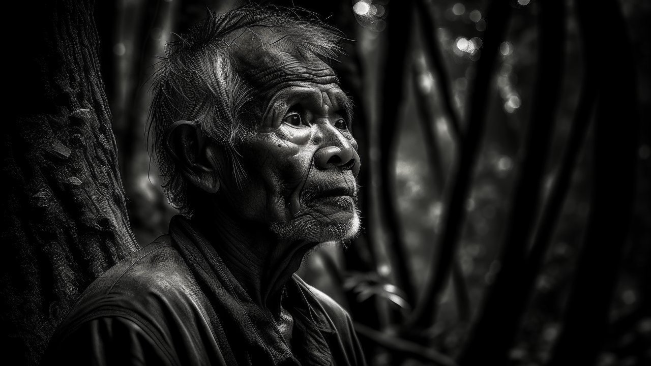 Contemplative Elder in Forest Black and White Portrait