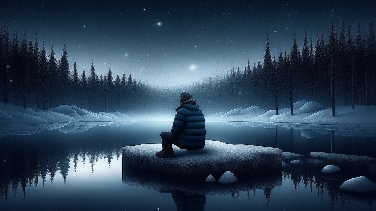 Contemplative Figure by a Tranquil Night Lake