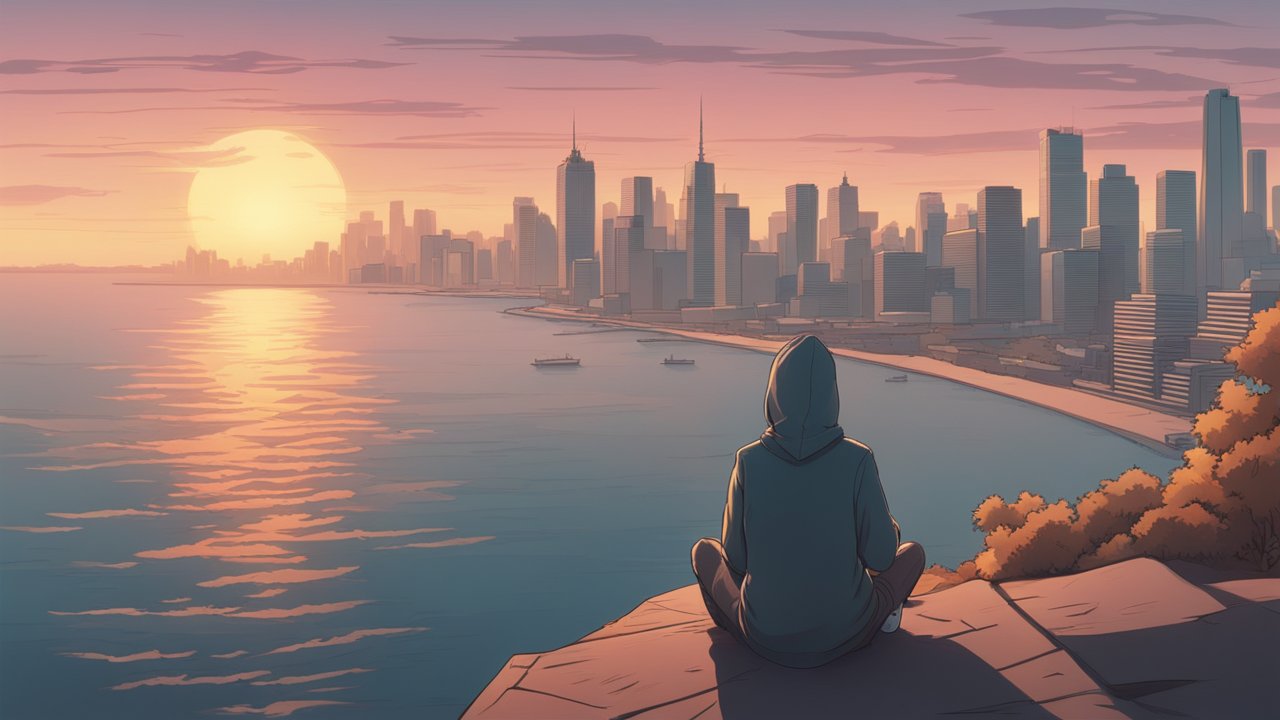 Contemplative Figure Watching Sunset Over City Skyline