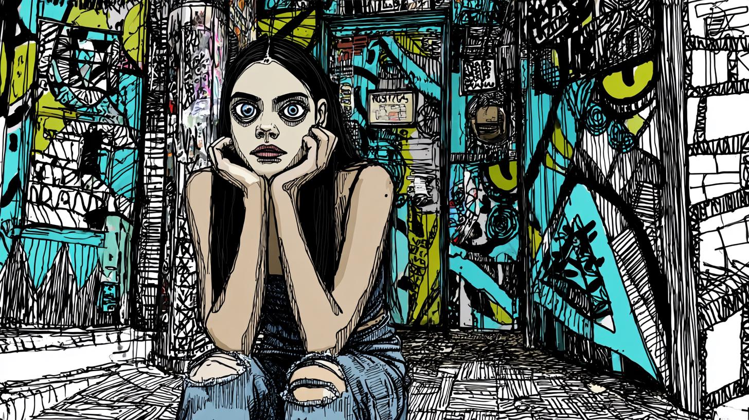 Contemplative Girl in Vibrant Graffiti Alley