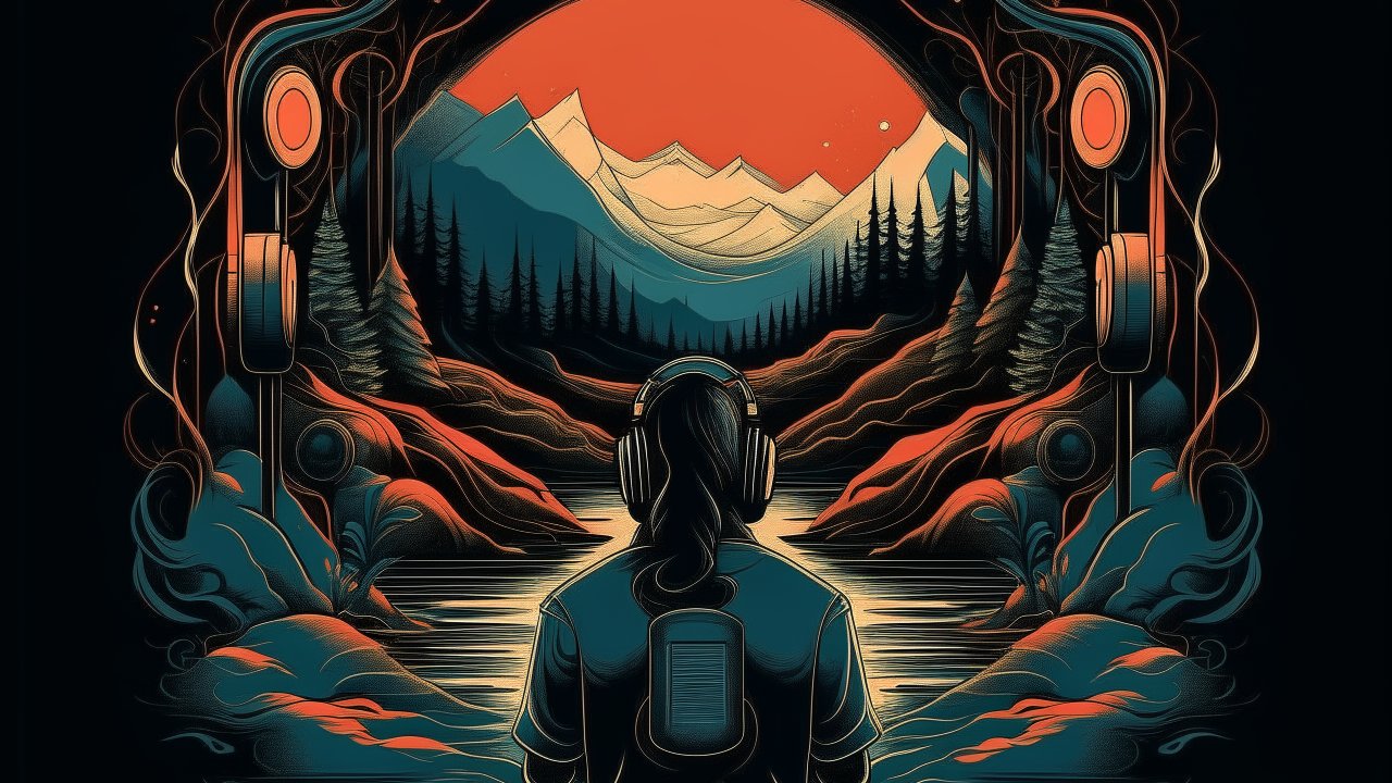 Contemplative Listener in a Surreal Mountain Landscape