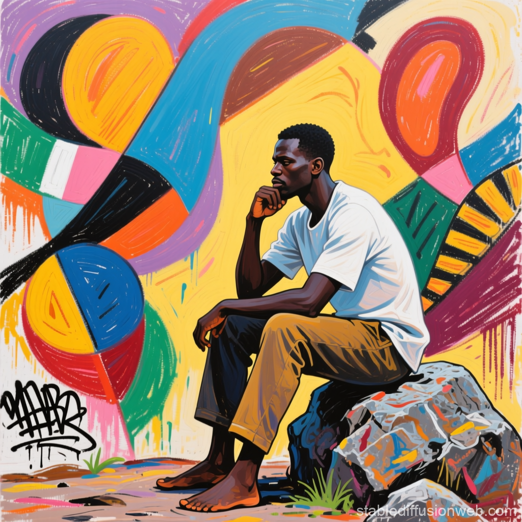 Contemplative Man Against Vibrant Abstract African Street Art