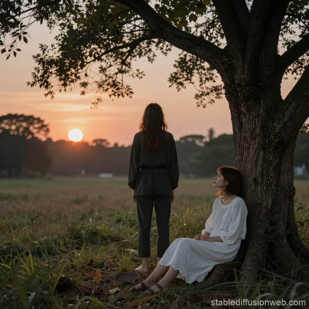 Contemplative Sunset by the Tree with Two Women