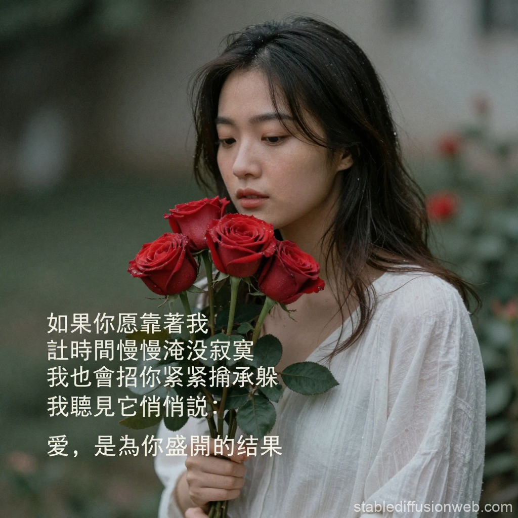 Contemplative Woman Holding Red Roses