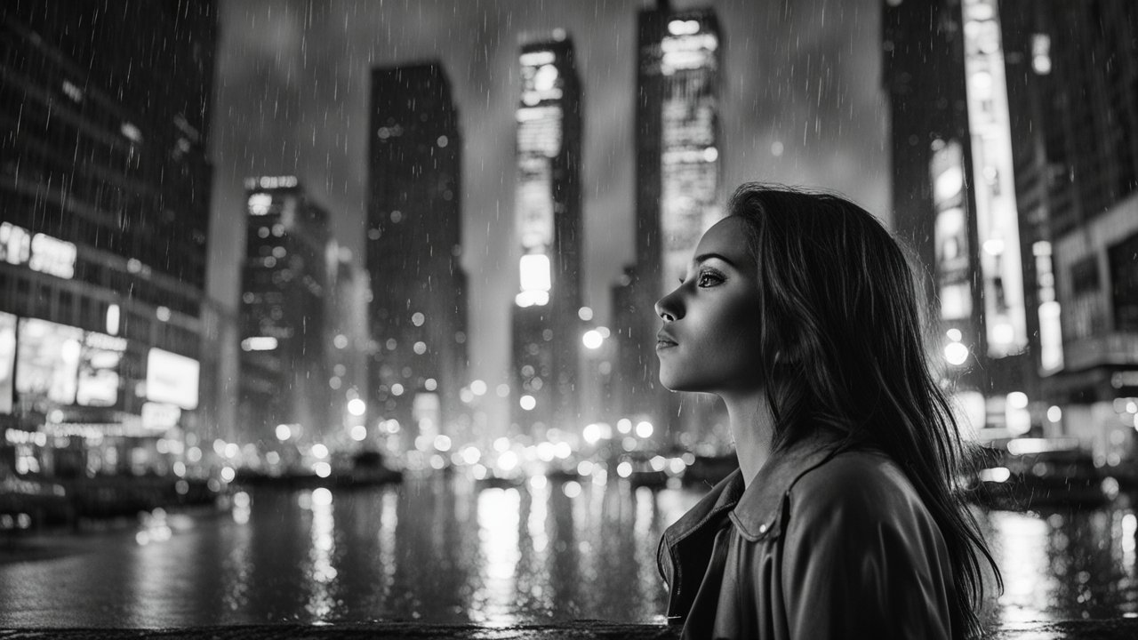 Contemplative Woman in Rainy New York City Night