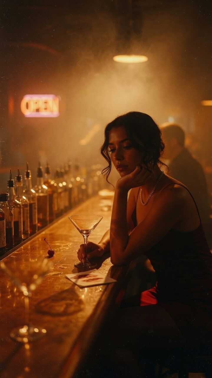 Contemplative Woman Sitting Alone at a Dimly Lit Bar
