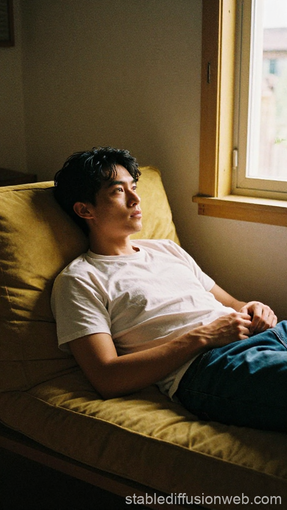 Contemplative Young Man Relaxing Indoors by Window