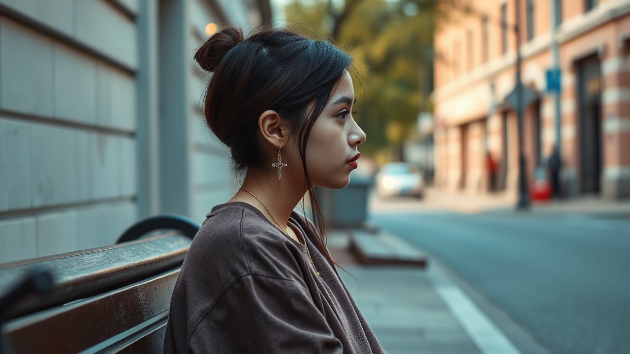 Contemplative Young Woman Sitting on Urban Bench