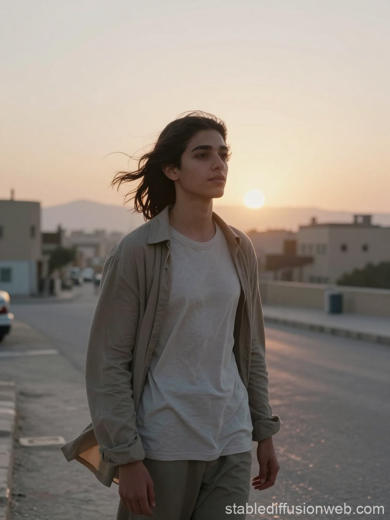 Contemplative Youth Walking at Sunrise in Urban Setting