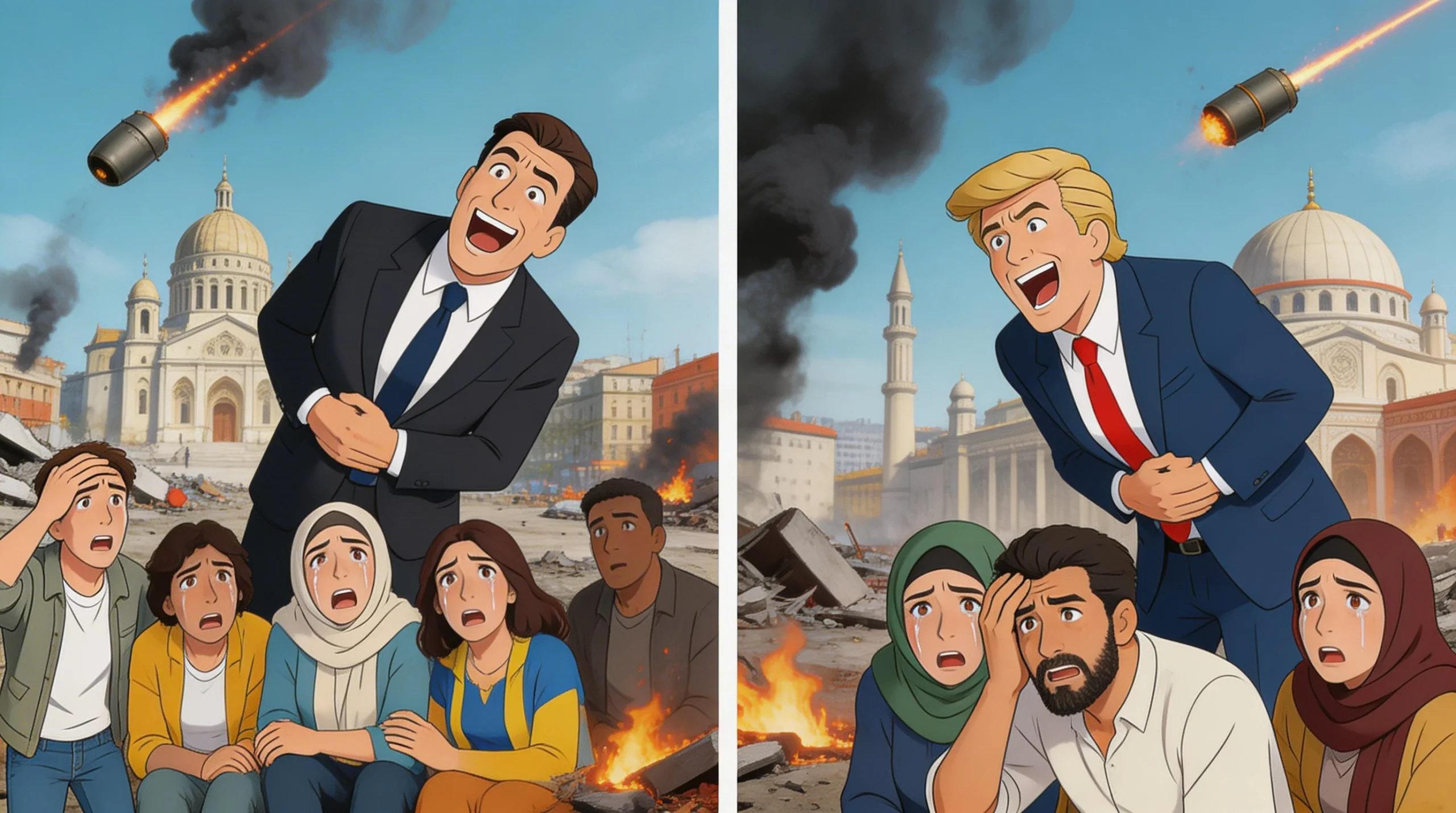 Contrasting Reactions Amidst Conflict in Animated Style