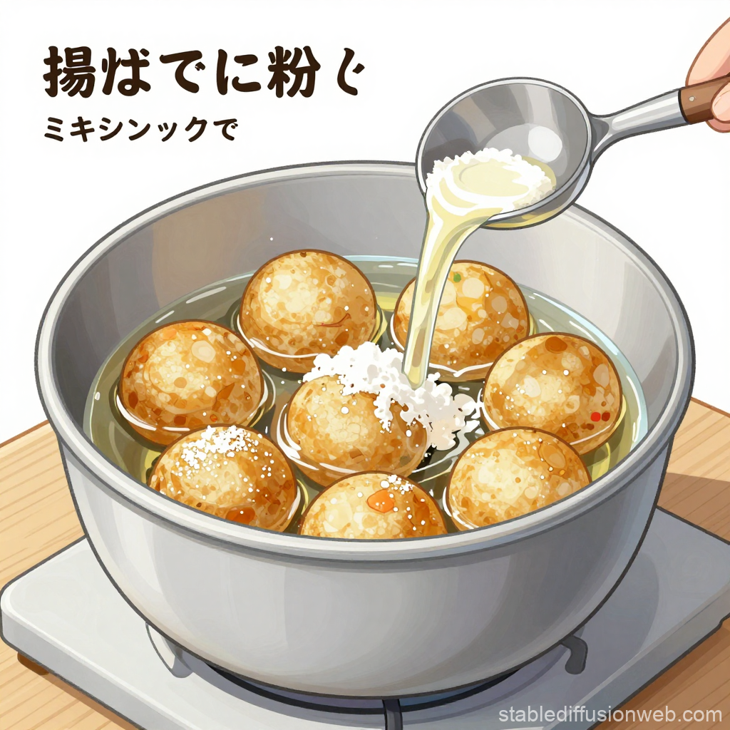 Cooking Takoyaki Balls in a Pan with Flour Mixture