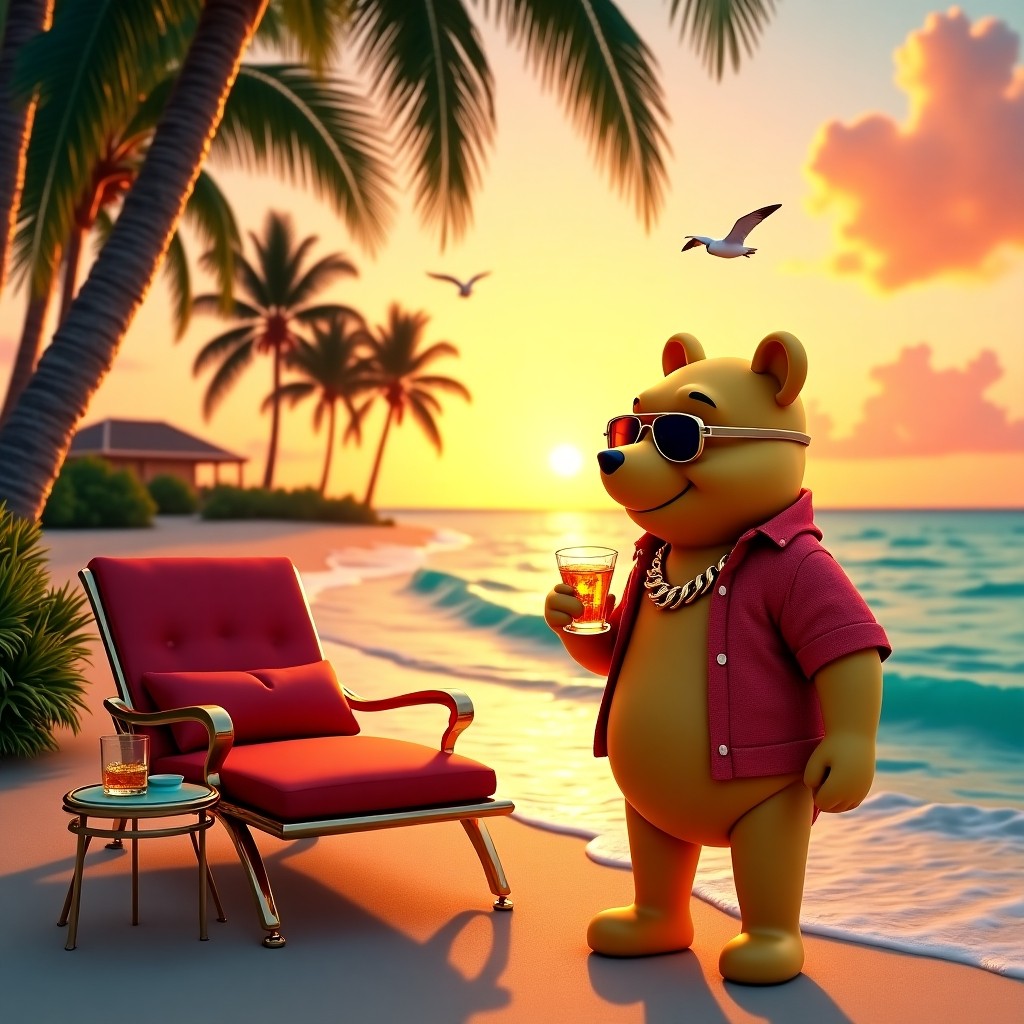 Cool Bear Enjoying Sunset on Tropical Beach