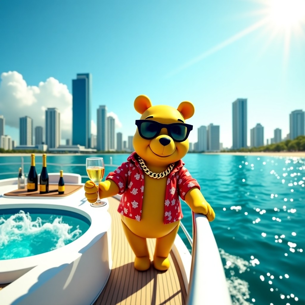 Cool Bear Enjoying Yacht Party in City Harbor