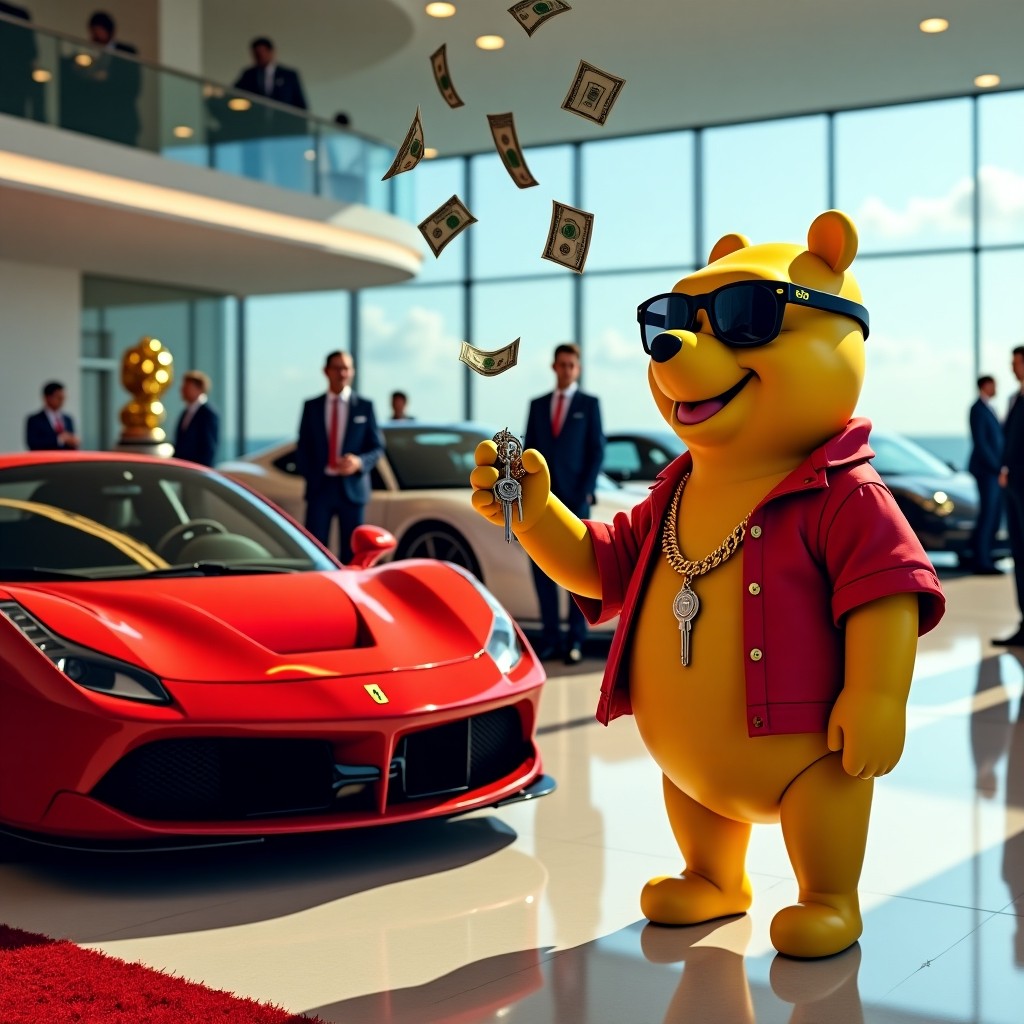 Cool Bear with Sunglasses and Luxury Cars in Showroom