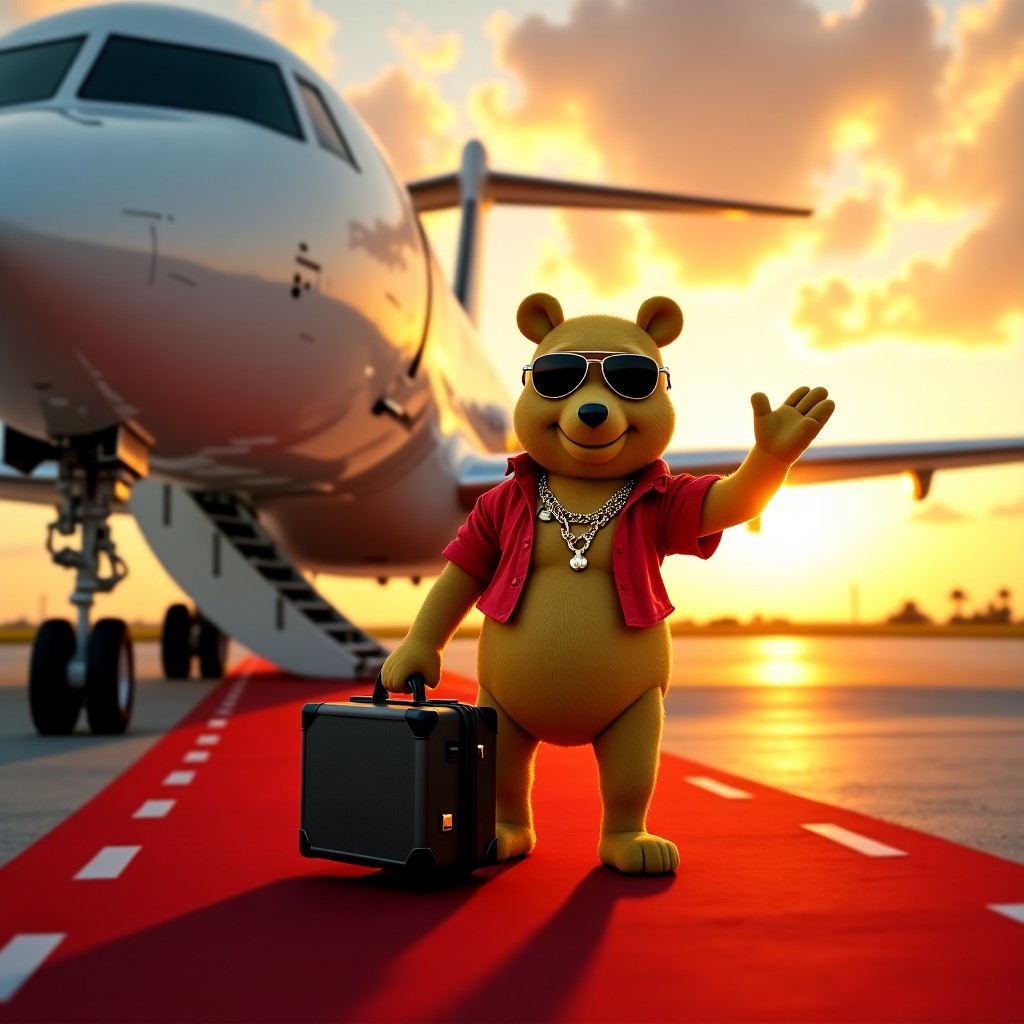 Cool Bear with Sunglasses and Suitcase on Red Carpet by Private Jet