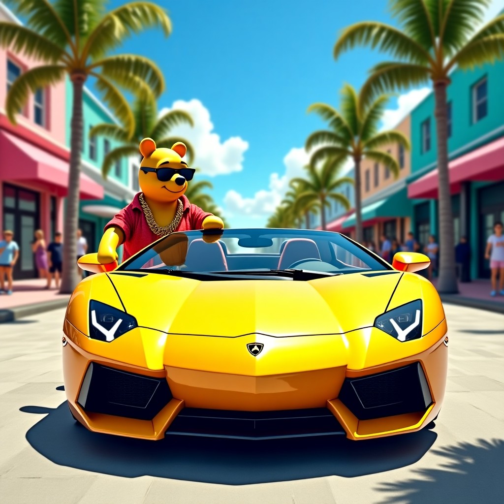 Cool Cartoon Bear Driving a Yellow Sports Car on a Sunny Street