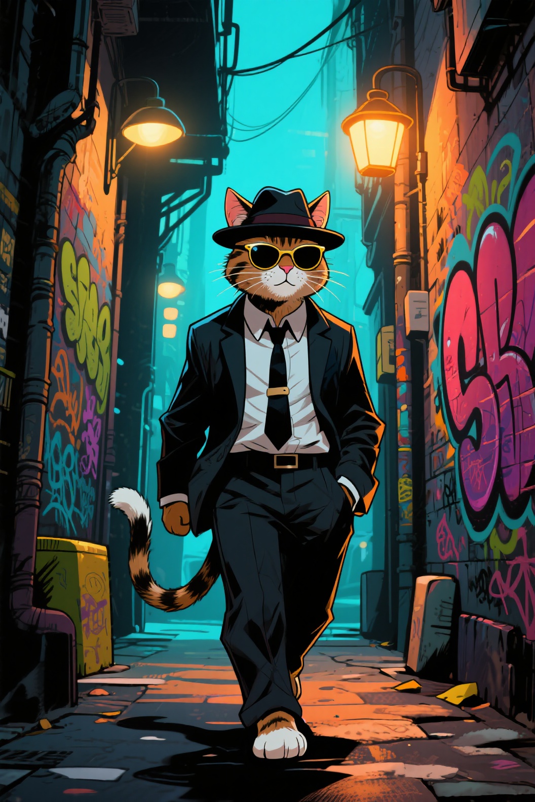 Cool Cat in Suit Walking Through Graffiti Alley