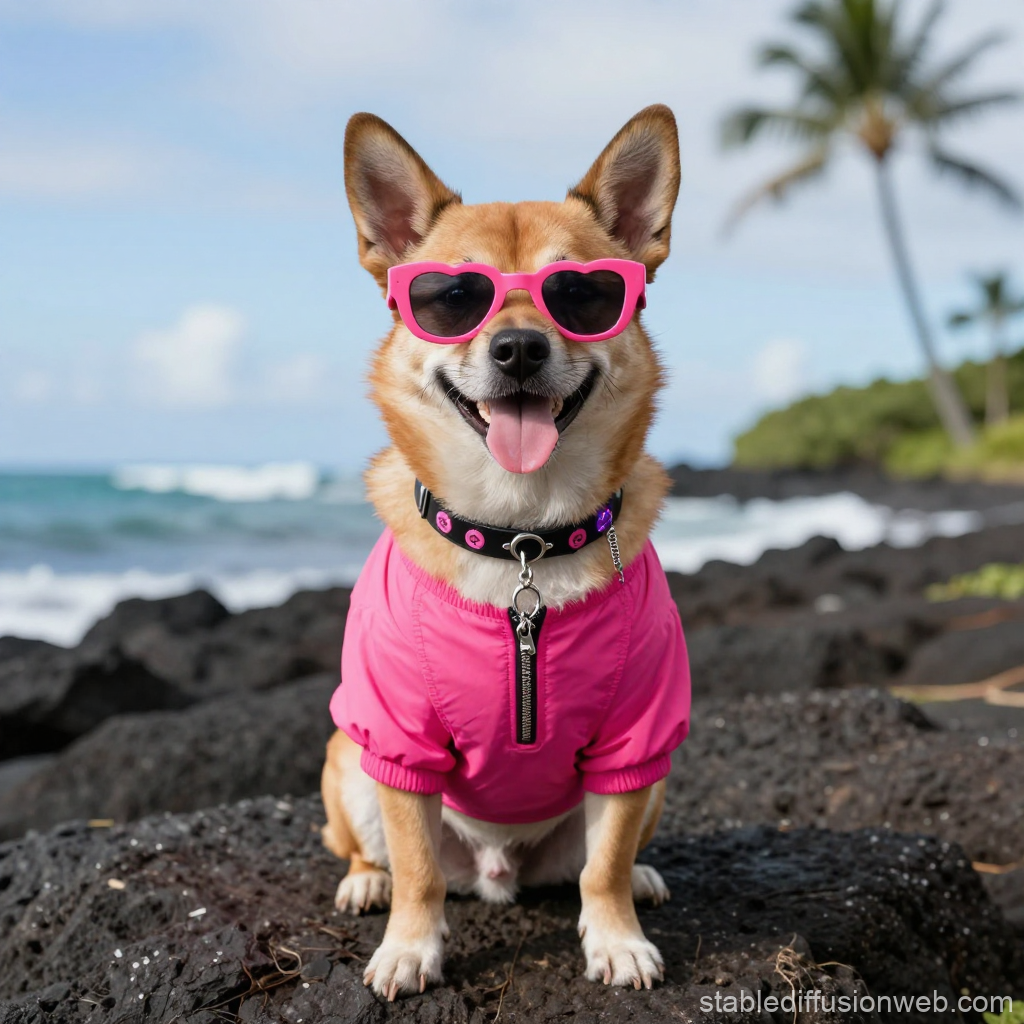 Cool Dog in Pink Sunglasses and Jacket on Hawaiian Beach