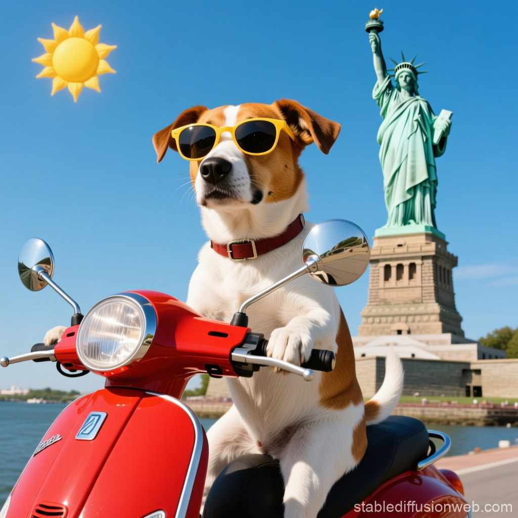 Cool Dog Riding Red Scooter Near Statue of Liberty