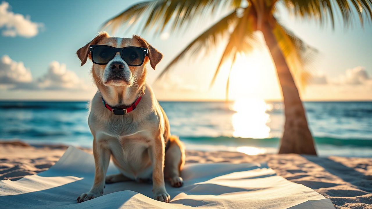 Cool Dog Wearing Sunglasses on a Sunny Beach