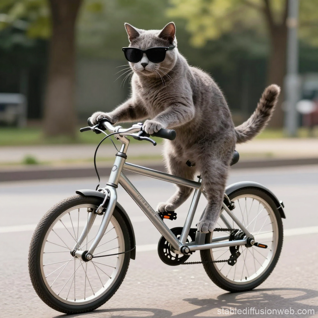 Cool Gray Cat Riding a Bicycle with Sunglasses