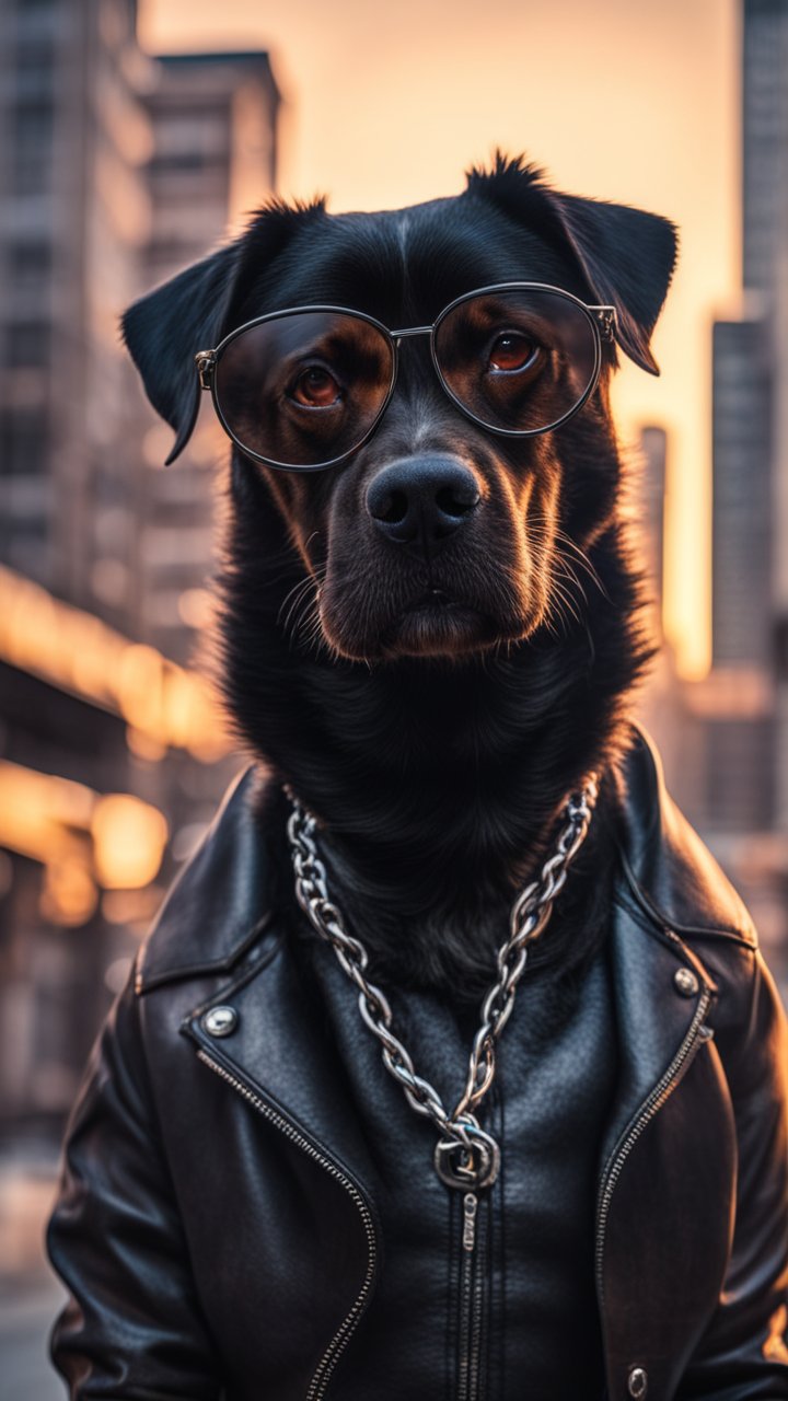 Cool Rottweiler in Leather Jacket and Glasses in Urban Sunset