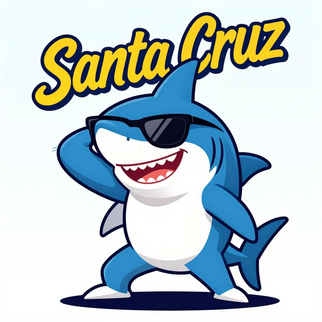 Cool Shark Mascot with Sunglasses and Santa Cruz Text