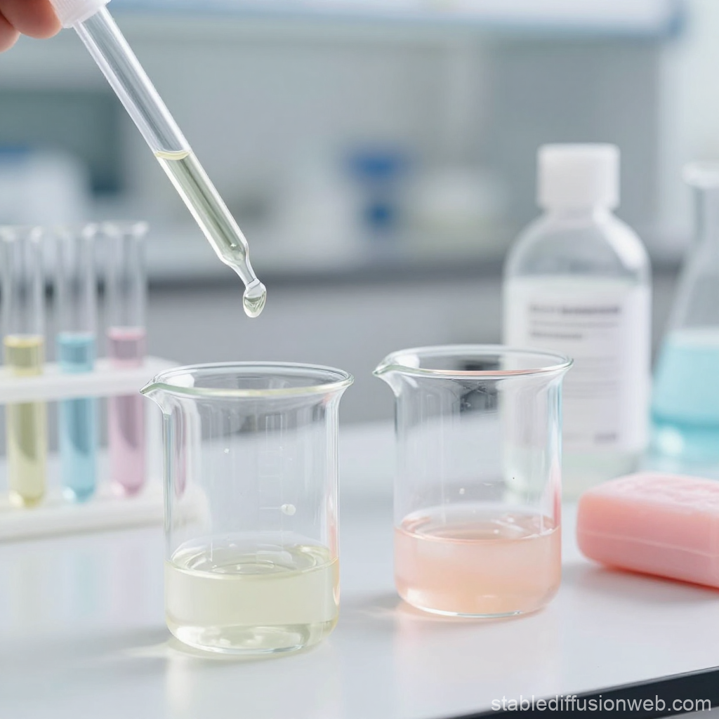 Cosmetic Laboratory Beakers with Liquid Samples and Dropper