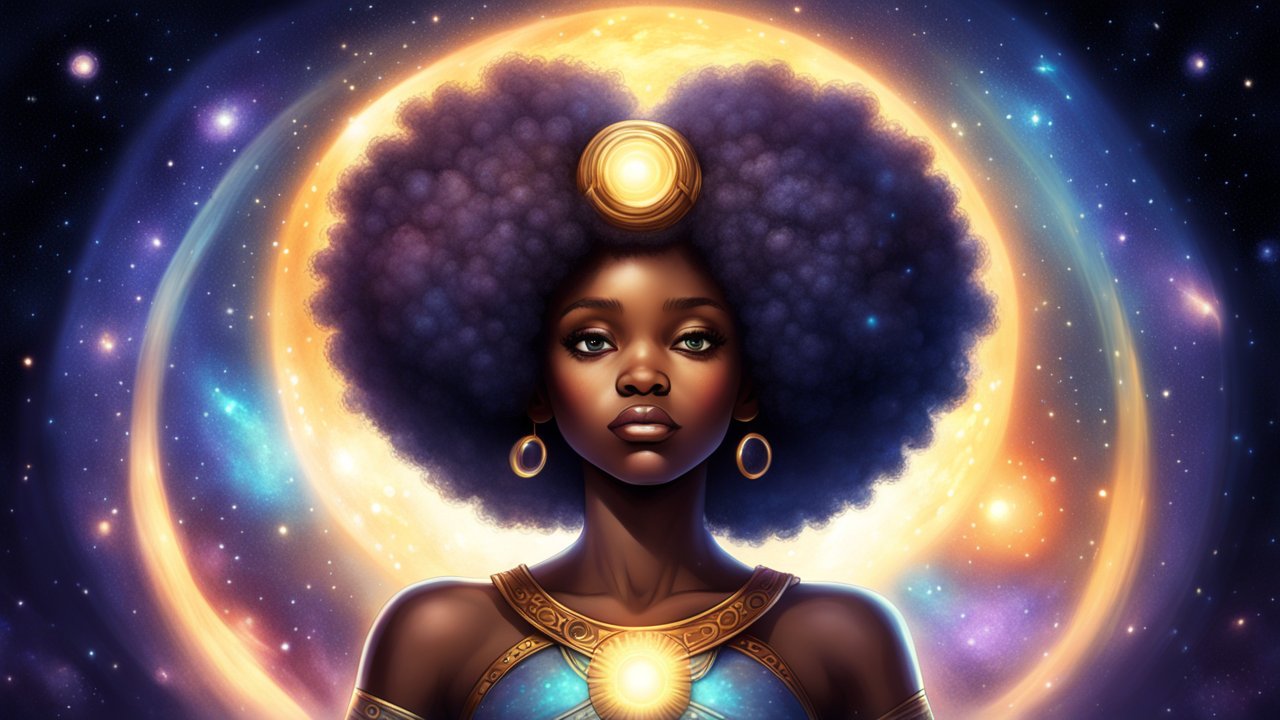 Cosmic Afro Warrior with Radiant Halo