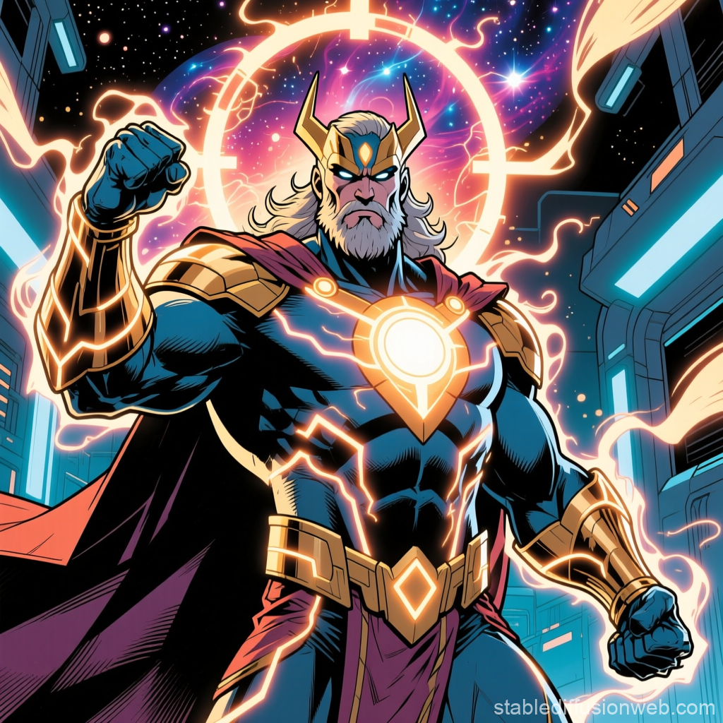 Cosmic Comic God with Glowing Armor and Energy Aura