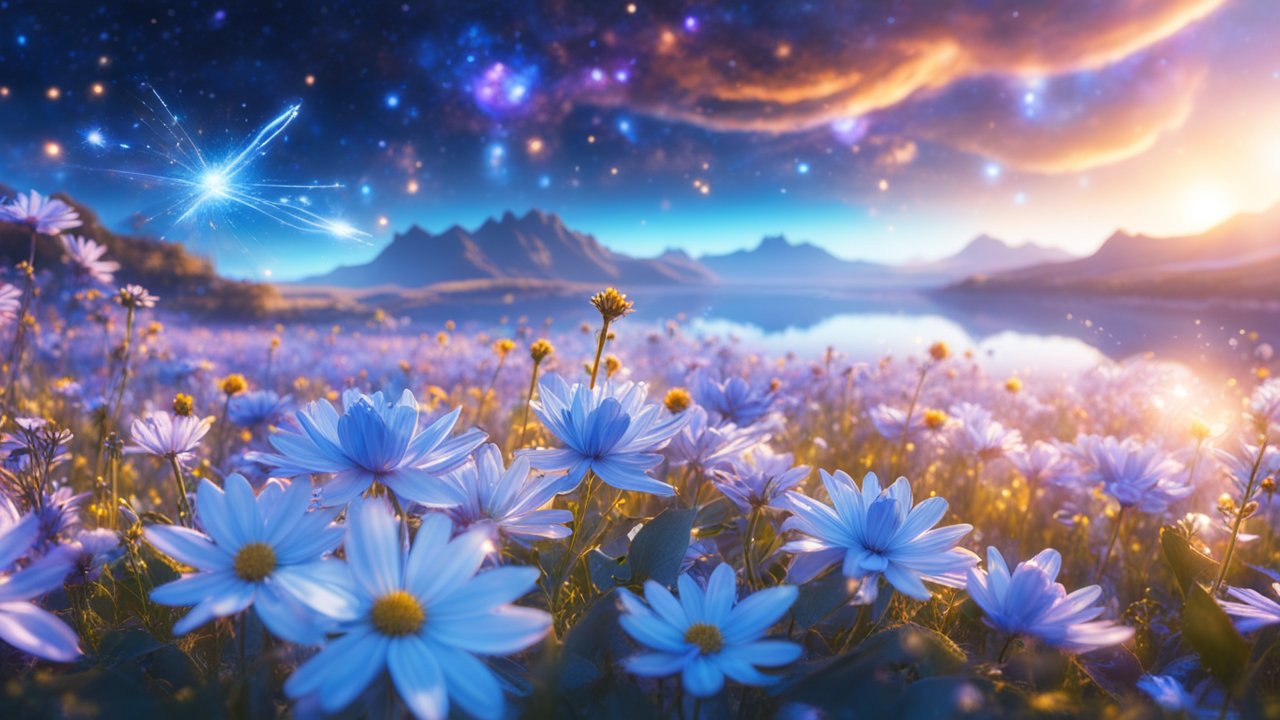 Cosmic Field of Blue Flowers at Sunset