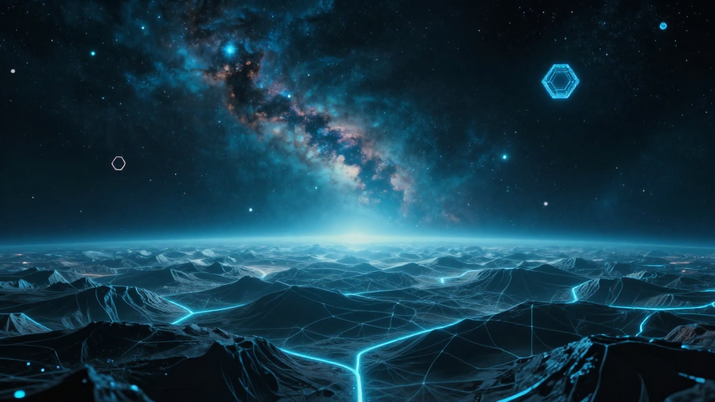 Cosmic Geological Horizon with Neon Grid Landscape