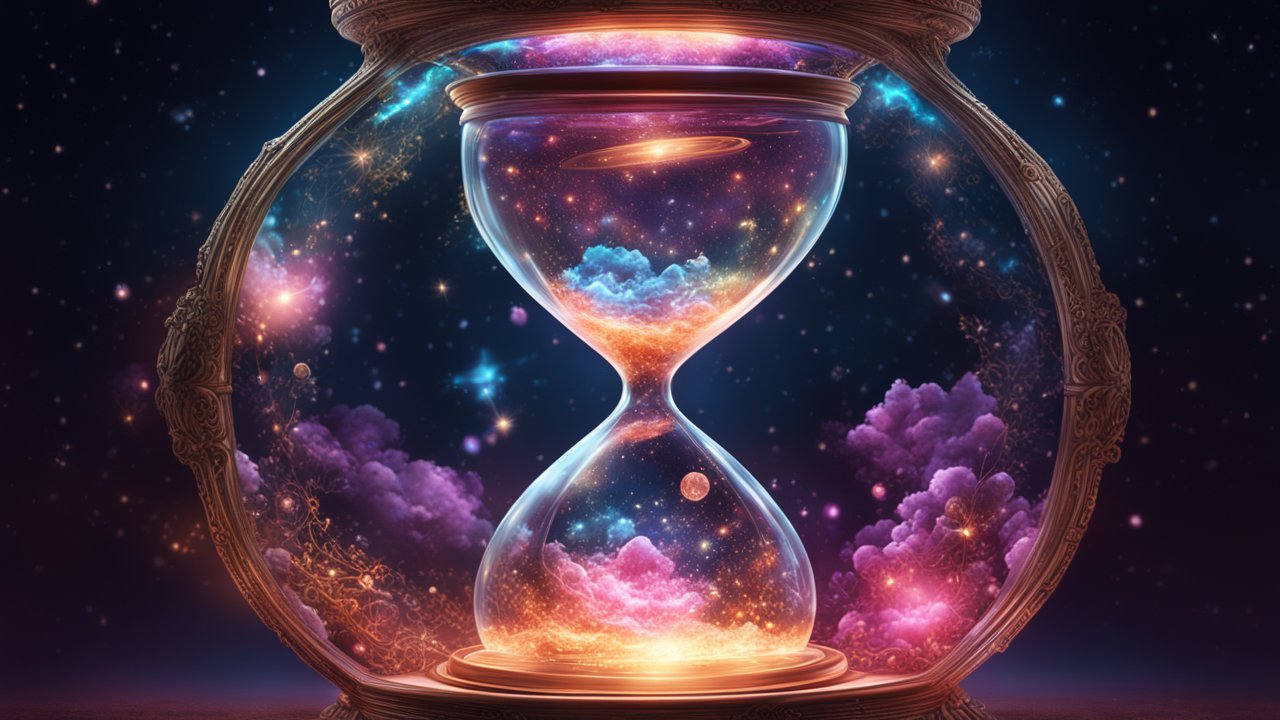 Cosmic Hourglass with Galactic Sand and Nebula Clouds
