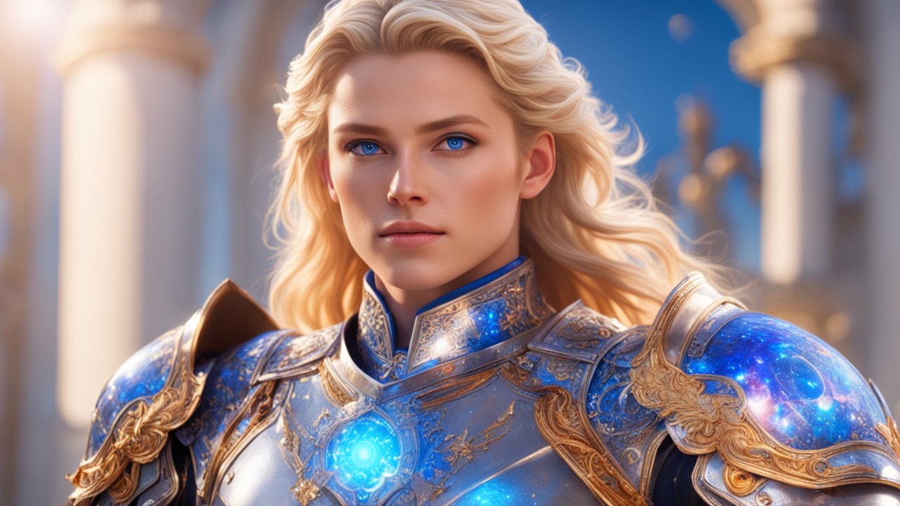 Cosmic Knight in Ornate Blue and Gold Armor