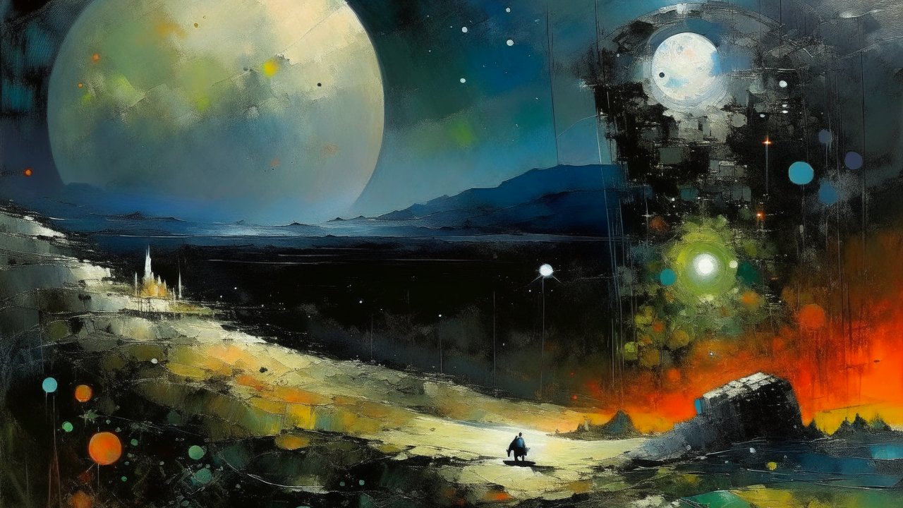 Cosmic Landscape with Lone Figure and Celestial Bodies