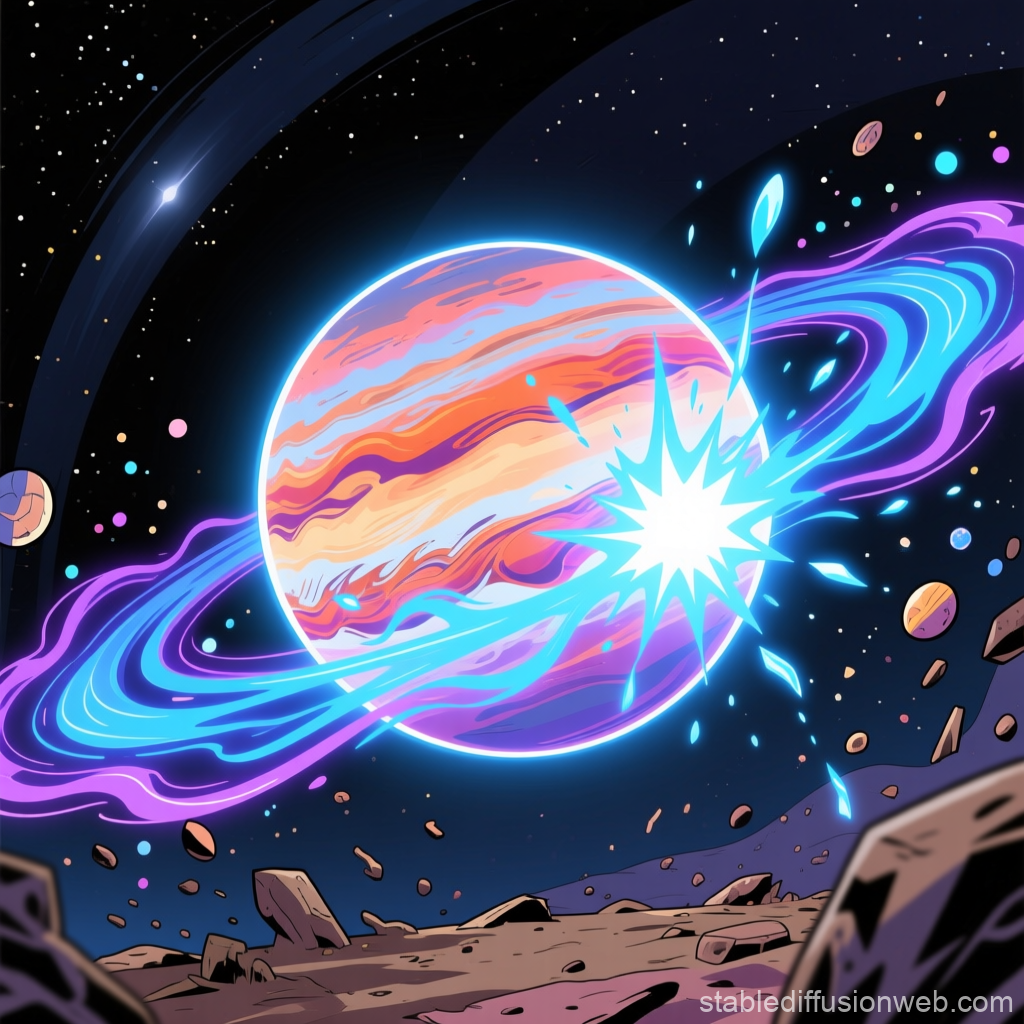 Cosmic Planet with Energetic Blue and Purple Rings