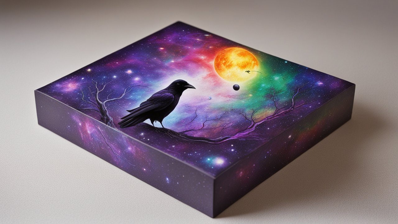 Cosmic Raven on a Mystical Branch Under a Vibrant Moon