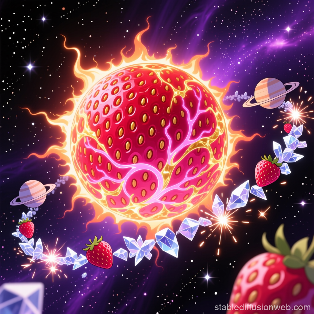 Cosmic Strawberry Sun with Orbiting Crystals and Planets