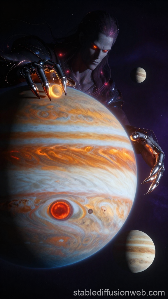 Cosmic Titan Shaping Jupiter with Fiery Hands