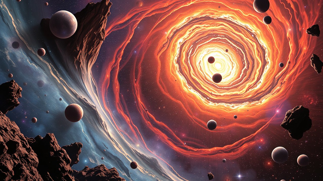 Cosmic Vortex with Planets and Asteroids in Space