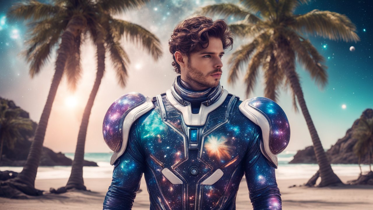 Cosmic Warrior on a Tropical Beach